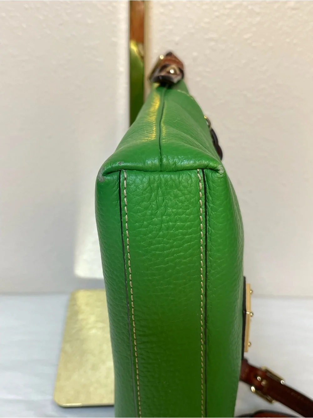 Dooney & Bourke Green Pebbled Leather Crossbody with Brown Trim